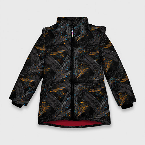 Зимняя куртка для девочки Следы шин велосипеда / 3D-Красный – фото 1