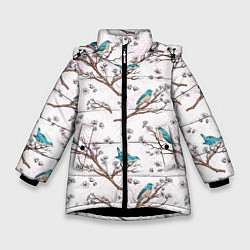 Куртка зимняя для девочки Птички весной на ветках Сакуры, цвет: 3D-черный