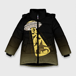 Куртка зимняя для девочки НЛО похищает динозавров, цвет: 3D-черный