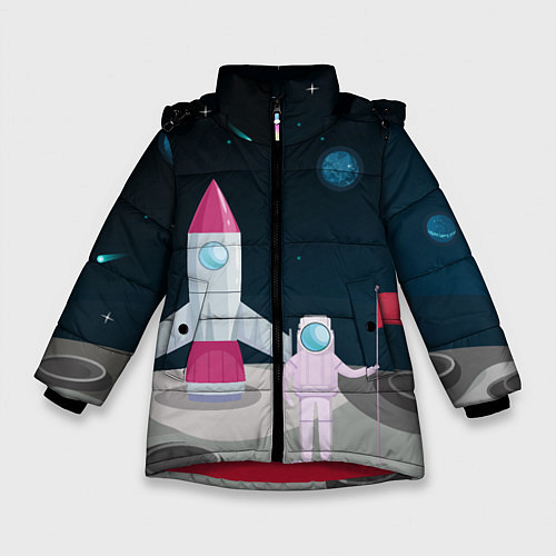 Зимняя куртка для девочки Астронавт покоряет космос / 3D-Красный – фото 1