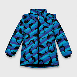 Куртка зимняя для девочки Черные акулы паттерн, цвет: 3D-черный