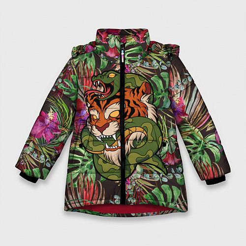 Зимняя куртка для девочки Тигр кусает змею / 3D-Красный – фото 1