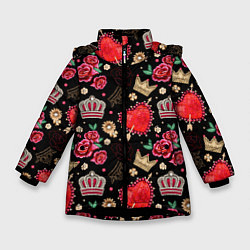 Куртка зимняя для девочки Корона и розы, цвет: 3D-черный