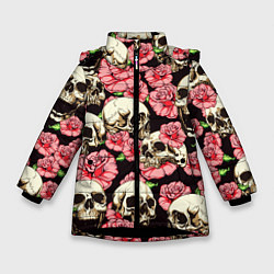 Куртка зимняя для девочки Черепа и цветы, цвет: 3D-черный