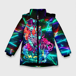 Куртка зимняя для девочки Неоновая ведьма с волком, цвет: 3D-черный