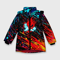 Куртка зимняя для девочки Cyberpunk 2077 Цветные брызги, цвет: 3D-красный