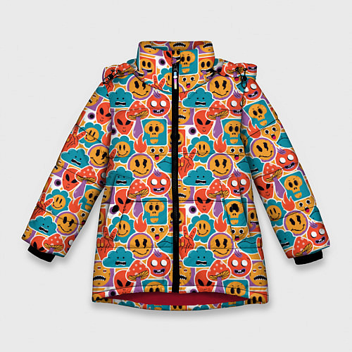 Зимняя куртка для девочки Психоделика Космос Смайлы / 3D-Красный – фото 1