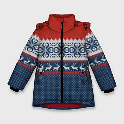 Куртка зимняя для девочки НОВОГОДНИЙ УЗОР С ОЛЕНЯМИ, цвет: 3D-красный