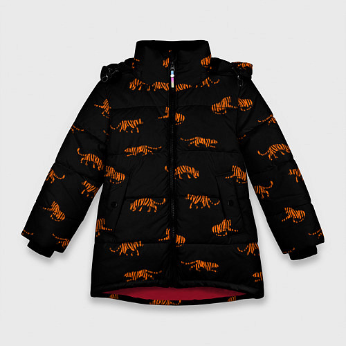 Зимняя куртка для девочки Тигры паттерн Tigers pattern / 3D-Красный – фото 1