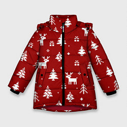 Зимняя куртка для девочки Новогодние олени и елки на красном фоне