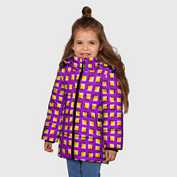 Куртка зимняя для девочки Фиолетовый Фон с Желтыми Квадратами Иллюзия Движен, цвет: 3D-черный — фото 2