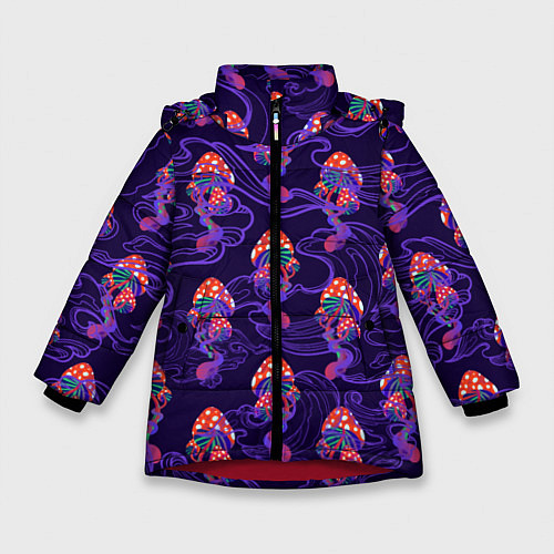 Зимняя куртка для девочки Грибы психоделика / 3D-Красный – фото 1