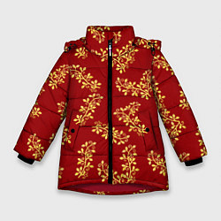 Куртка зимняя для девочки Золотые веточки на ярко красном фоне, цвет: 3D-красный