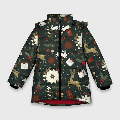 Зимняя куртка для девочки Олени Новый Год / 3D-Красный – фото 1