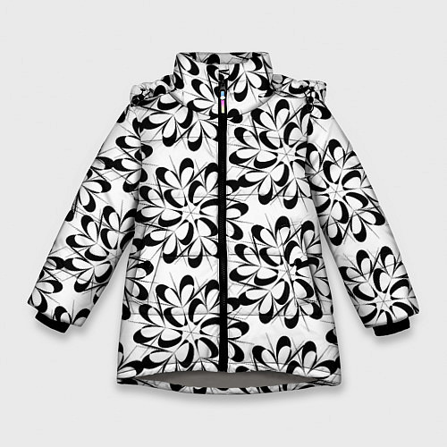 Зимняя куртка для девочки Чёрные цветы на белом / 3D-Светло-серый – фото 1
