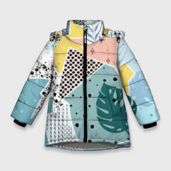 Куртка зимняя для девочки Абстрактный узор с пальмовыми листами и геометрией, цвет: 3D-светло-серый