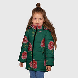 Куртка зимняя для девочки Ярко красные розы на темно-зеленом фоне, цвет: 3D-красный — фото 2