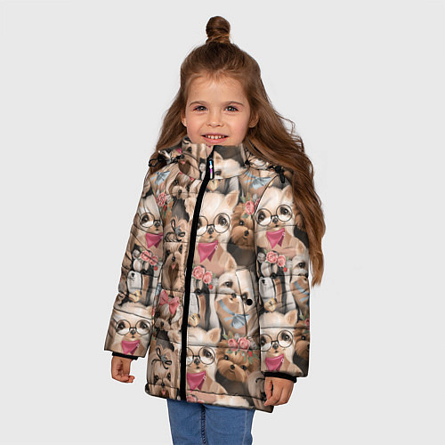 Зимняя куртка для девочки Паттерн йорки / 3D-Светло-серый – фото 3