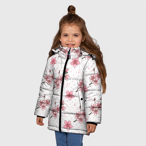 Зимняя куртка для девочки Сакура паттерн / 3D-Светло-серый – фото 3
