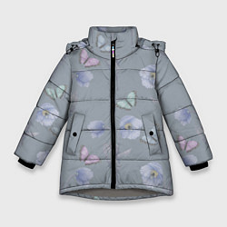 Куртка зимняя для девочки Бабочки и цветы голубого мака, цвет: 3D-светло-серый