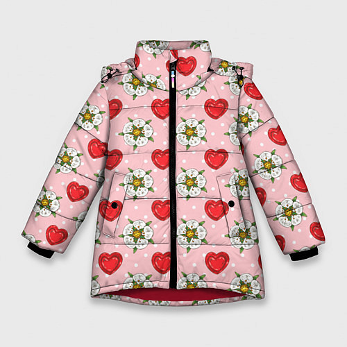 Зимняя куртка для девочки Сердечки и цветочки паттерн / 3D-Красный – фото 1