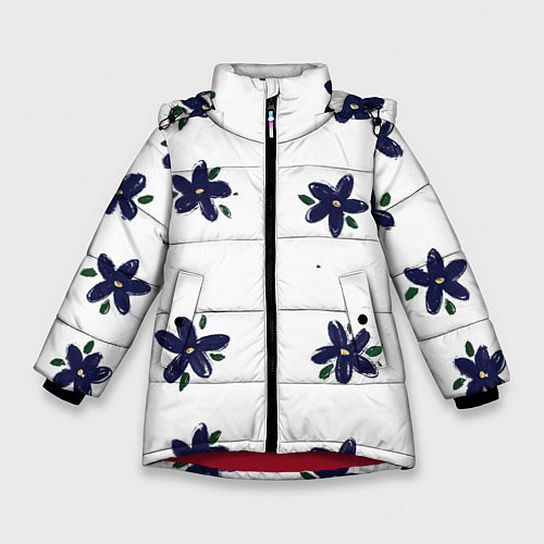 Зимняя куртка для девочки Синие ромашки на белом фоне / 3D-Красный – фото 1