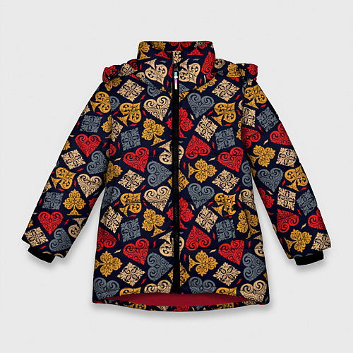 Зимняя куртка для девочки Карточные Масти Cards / 3D-Красный – фото 1