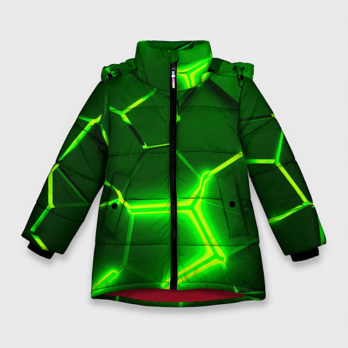 Зимняя куртка для девочки 3D ПЛИТЫ НЕОН NEON GREEN HEXAGON РАЗЛОМ / 3D-Красный – фото 1