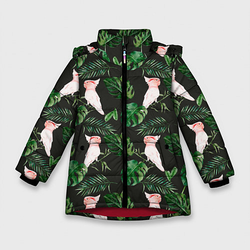 Зимняя куртка для девочки Белые попугаи и листья / 3D-Красный – фото 1