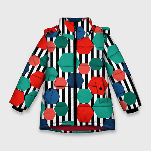 Зимняя куртка для девочки Геометрический разноцветный узор / 3D-Красный – фото 1