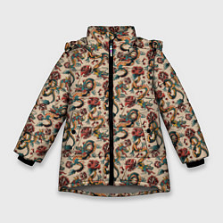 Куртка зимняя для девочки ДРАКОН И РОЗА, цвет: 3D-светло-серый