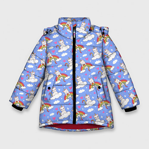 Зимняя куртка для девочки КОТ ЕДИНОРОГ / 3D-Красный – фото 1