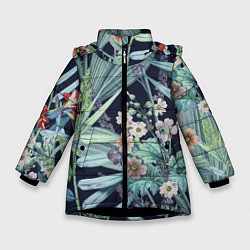 Куртка зимняя для девочки Цветы Синие Ботанические, цвет: 3D-черный