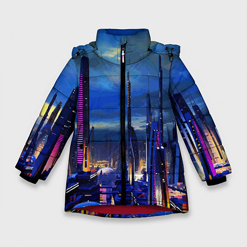 Зимняя куртка для девочки Город будущего Неон / 3D-Красный – фото 1