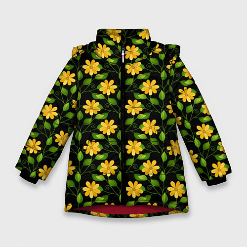 Зимняя куртка для девочки Желтые цветочки паттерн / 3D-Красный – фото 1