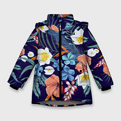Куртка зимняя для девочки Цветы Экзотические, цвет: 3D-светло-серый
