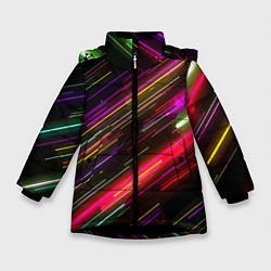 Куртка зимняя для девочки Неоновый паттерн Abstraction, цвет: 3D-черный