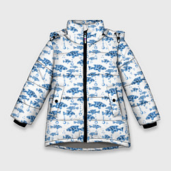 Куртка зимняя для девочки Голубые рыбки ретро принт, цвет: 3D-светло-серый