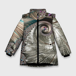 Куртка зимняя для девочки Fractal pattern Spiral Серебристый фрактал спираль, цвет: 3D-черный