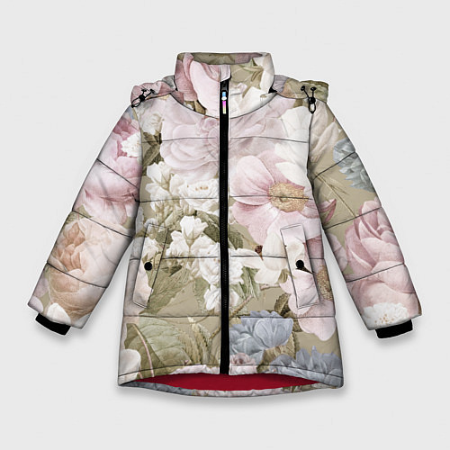 Зимняя куртка для девочки Цветы Английский Садовый Узор / 3D-Красный – фото 1