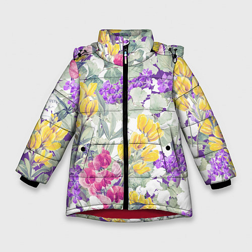 Зимняя куртка для девочки Цветы Красочный Луговой Узор / 3D-Красный – фото 1