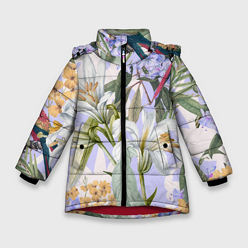 Зимняя куртка для девочки Цветы Фиолетовые Дикие Джунгли / 3D-Красный – фото 1