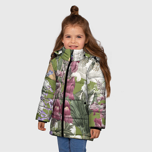 Зимняя куртка для девочки Цветы Ностальгический Весенний Узор / 3D-Светло-серый – фото 3