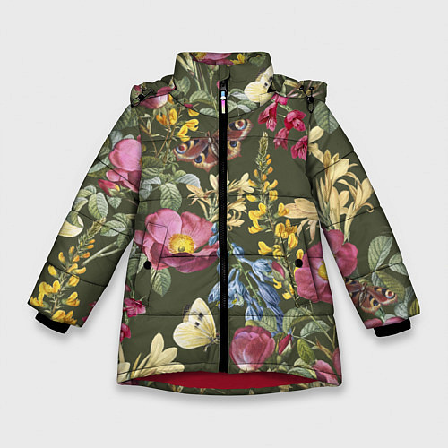 Зимняя куртка для девочки Цветы Винтажные / 3D-Красный – фото 1