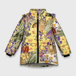Куртка зимняя для девочки Цветы Нарциссы и Зайцы, цвет: 3D-светло-серый