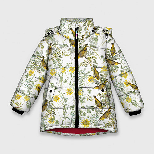 Зимняя куртка для девочки Цветы Жёлтые С Птицами / 3D-Красный – фото 1