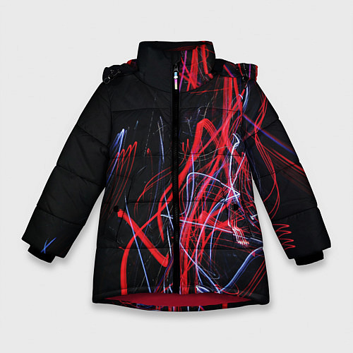 Зимняя куртка для девочки Неоновые лучи в абстракции - Красный и синий / 3D-Красный – фото 1