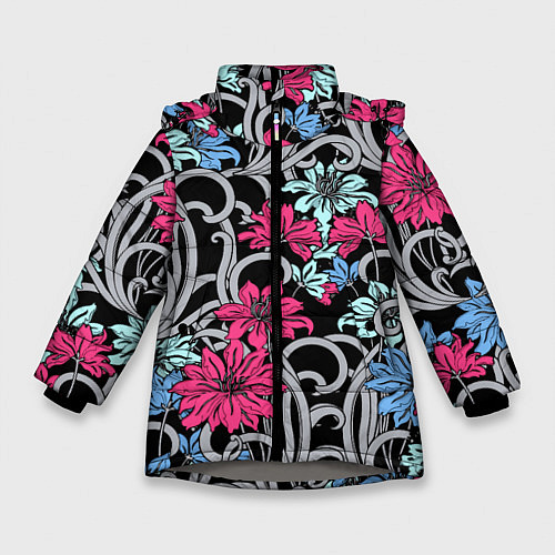 Зимняя куртка для девочки Цветочный летний паттерн Fashion trend / 3D-Светло-серый – фото 1