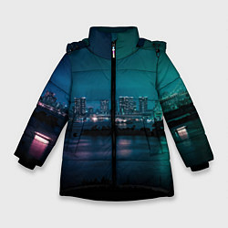 Куртка зимняя для девочки Неоновый город с рекой - Светло-зелёный, цвет: 3D-черный