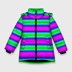 Куртка зимняя для девочки Зеленый и фиолетовые яркие неоновые полосы striped, цвет: 3D-черный